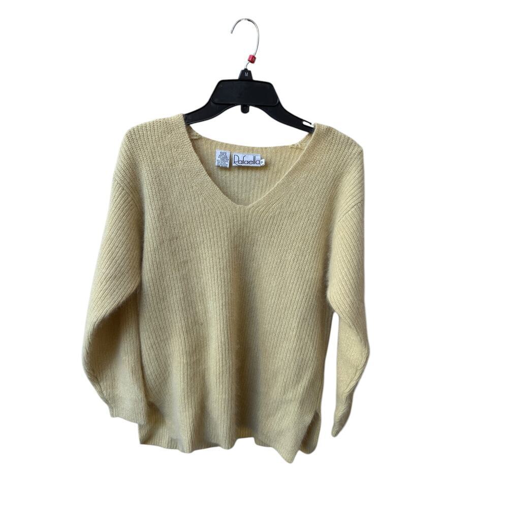 Rafaella V-Neck Rabbit Hair Wool Blend Sweater SZ M /Yellow Soft LUXURY Fuzzy